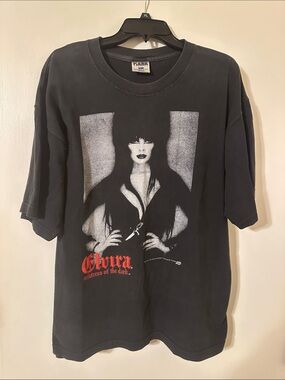 Vintage 1997 Elvira Black Graphic Tee with Red Script